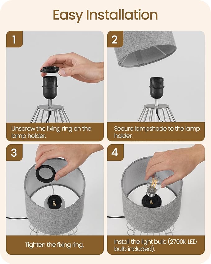 Small Table Lamp, Bedside Lamp with Gray Linen Lampshade & Silver Metal Base, Modern Nightstand Lamp, Little Cute Desk Lamp for Bedroom, Living Room, 2700K LED Bulb Included, SH06TL05