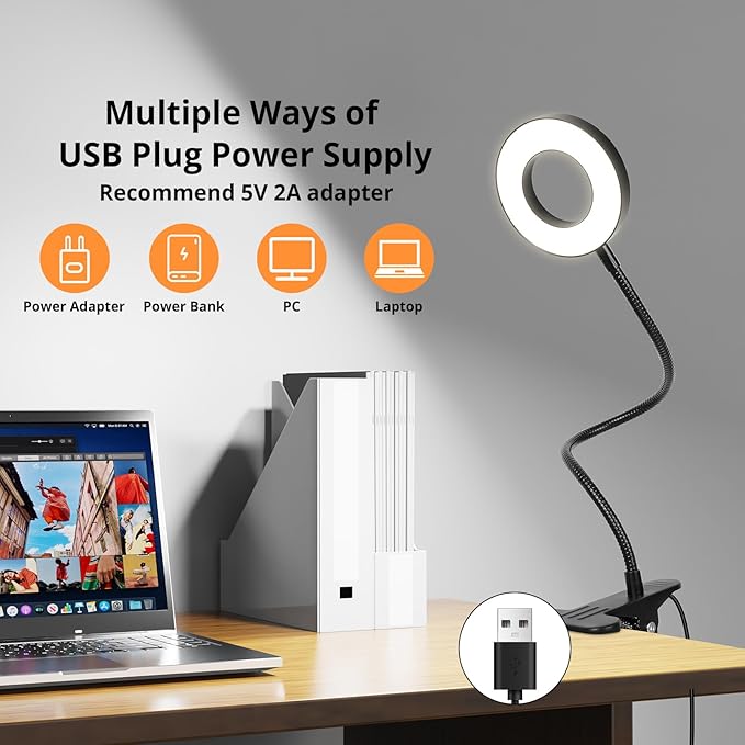 Desk Lamp Clip Light, 10 Dimmable Brightness 3 Light Modes Reading Light, Clamp Bedside Lamp for Painting, Craft, Study (Black)