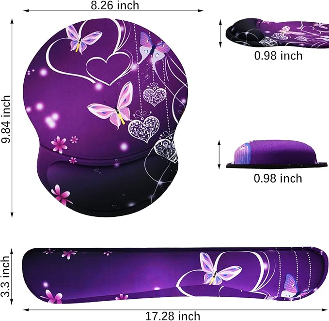 ArtSo Upgraded Wrist Rest Support for Mouse Pad & Keyboard, Ergonomic Gel Mousepad Non-Slip Rubber Base Home, Office Wrist Support, Easy Typing Cushion Neoprene, Soft Memory Foam, Purple Heart Butterfly