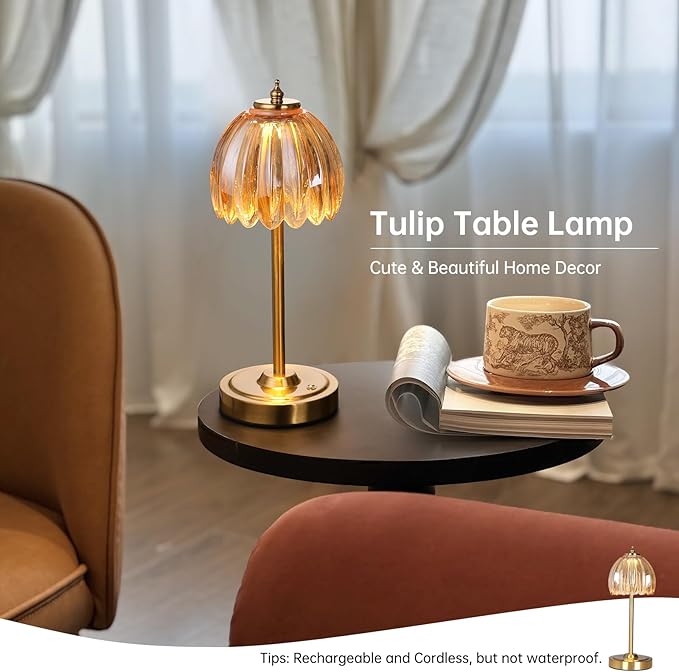 Tulip Table Lamp with 5000mAh Battery & Touch Control, Cordless Table Lamp with 3 Colors, Dimmable Rechargeable Table Lamps for Bedroom, Nightstands, Living Room, Entryways (Amber Tulip)