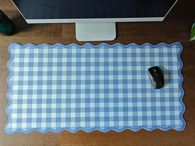 Scalloped‌ Blue Checkered Gingham Desk Mat Cute Pastel XXL Large Gaming Mouse Pad Kawaii Cottagecore ‌Vintage‌ Rustic Keyboard Computer Mat Aesthetic Desk Pad Accessories Office Decor