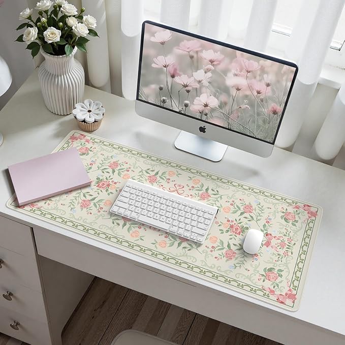 HAOCOO Cute Floral Desk Mat, Green Mouse Pad, Waterproof Desk Matt for Desktop, 35.4" x 15.7" Non-Slip Desk Mouse Pad, Keyboard Mat with Stitched Edge, Desk Pad Mat for Office, Home