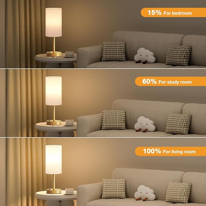 Fenmzee Gold Nightstand Bedroom Lamp - 3 Way Dimmable Bedside Lamp USB C A Charging Ports and AC Outlet, Small Table Lamp Linen Lampshade for Office Desk