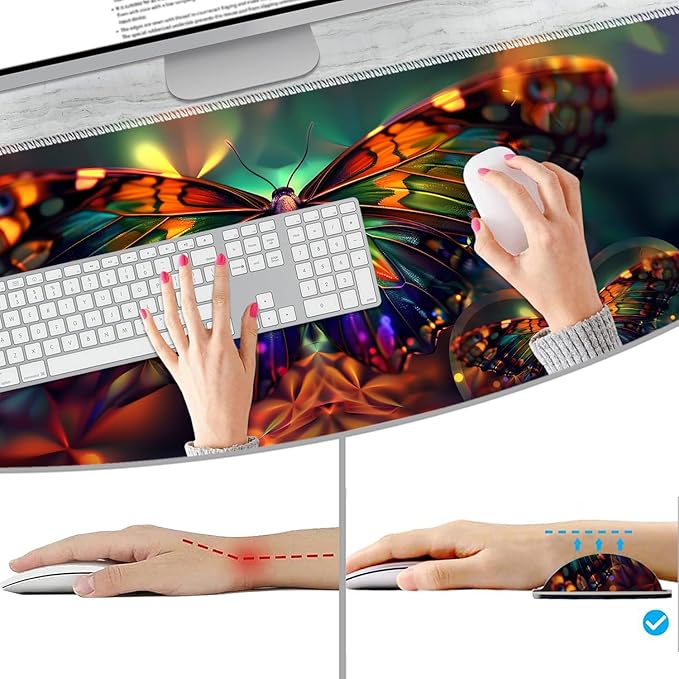Extended Non-Slip Mouse Pad + Mouse Wrist Rest + Lace-Shaped Coaster Set, Ergonomic Design, Suitable for Desk and Home Gaming Table Mat, Psychedelic Butterfly