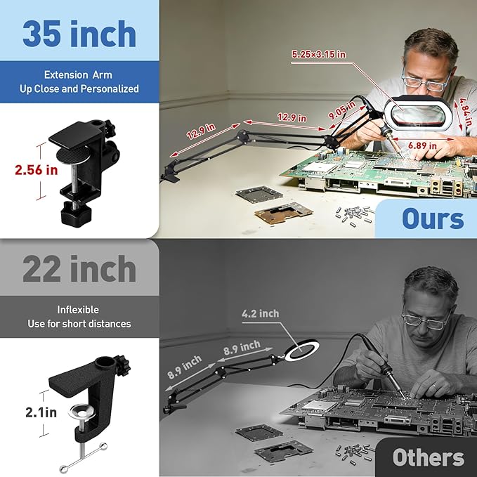 HITTI 12X Square Magnifying Glass with Light and Clamp, Ultra Long LED Desk Lamp with 5 Colors & Stepless Dimming | Hands-Free Workbench Lighted Magnifier Stand for Crafting, Repair,Painting- Red