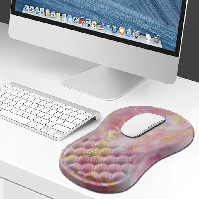 Hokafenle Ergonomic Mouse Pad Wrist Support, Wrist Rest Mousepad for Carpal Tunnel with Integrated Memory Foam Slope Massage Bulge (11.8x7.9 inch,Pink Gold Marble)