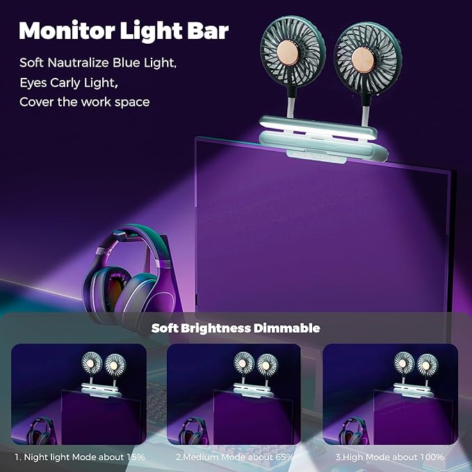 Energy-saving small fan with amp Light Bar Two-Head Personal Cooling Quiet USB Fan Flip-Open light, Level 3 brightness 3 Wind Speed for Working/Self Broadcasting (Forest Green)