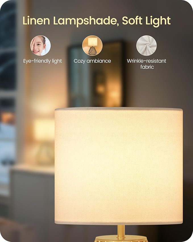 Gold Table Lamp Set of 2, Small Bedside Lamp with Gold Metal Base & White Linen Lampshade, Modern Nightstand Lamp, Little Cute Desk Lamp for Bedroom, 2700K LED Bulb Included DCW06TLP205