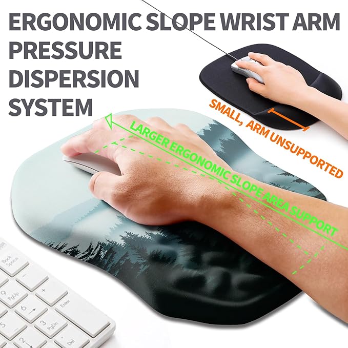 Ergonomic Slope Mouse Pad Wrist Support, Wrist Rest Mousepad for Carpal Tunnel with Massage Bulge and Slow Rebound Memory Foam (12x8 inch, Foggy Forest)