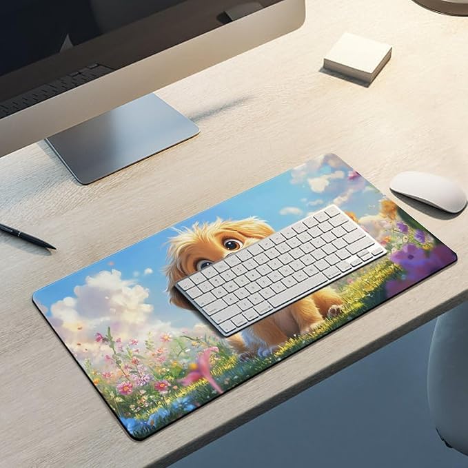 Large Ergonomic Gaming Mouse Pad Fluffy Puppy in Sunny Meadow - Cute Dog Theme with Non-Slip Base Water-Resistant Surface and Stitched Edges 30x60cm