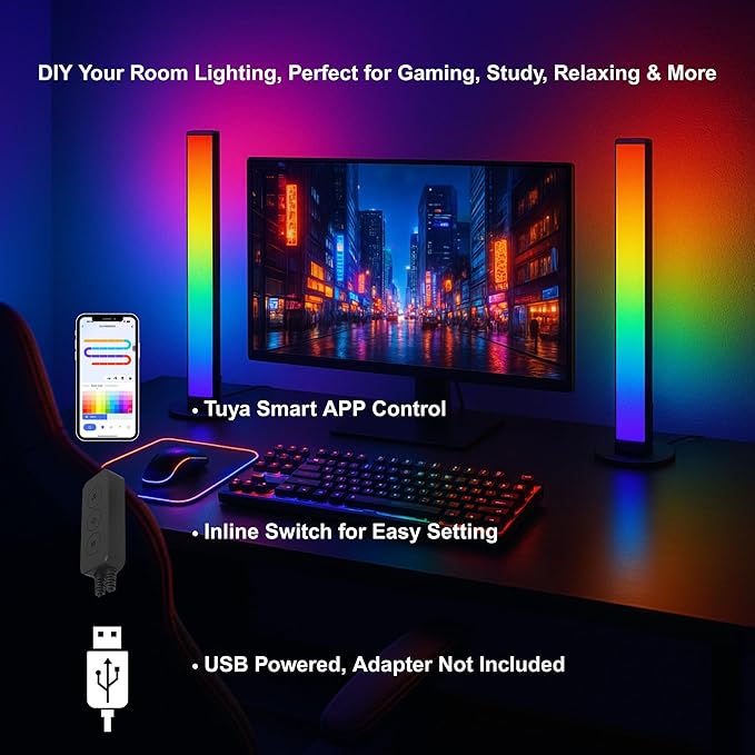 RGB Smart LED Desk Light Bars 2-Pack Music Sync Standing Light Bars for Gaming, Home Office & Ambient Lighting (App Control)