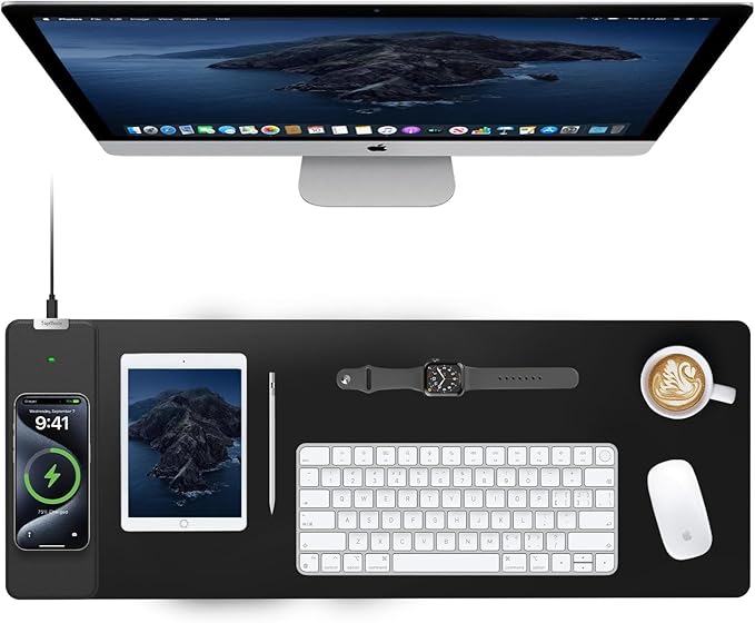TopMade Wireless Charging Mouse Pad, Gaming Mousepad with Ultra-Smooth Surface, Non-Slip Base, Waterproof Computer Desk Pad, 31.5"x11.81" XL Large Desk Mat for MacBook, PC, Laptop