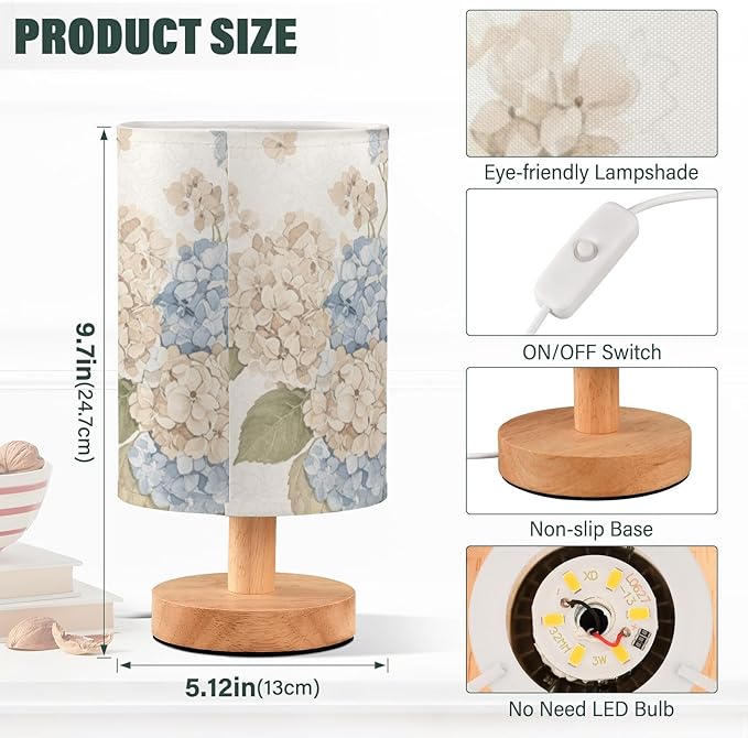 Hydrangea LED Table Lamp, Bedside Lamp with Linen Lampshade, Flicker-Free Eye Care USB Plug in Nightstand Lamp, for Bedroom and Office