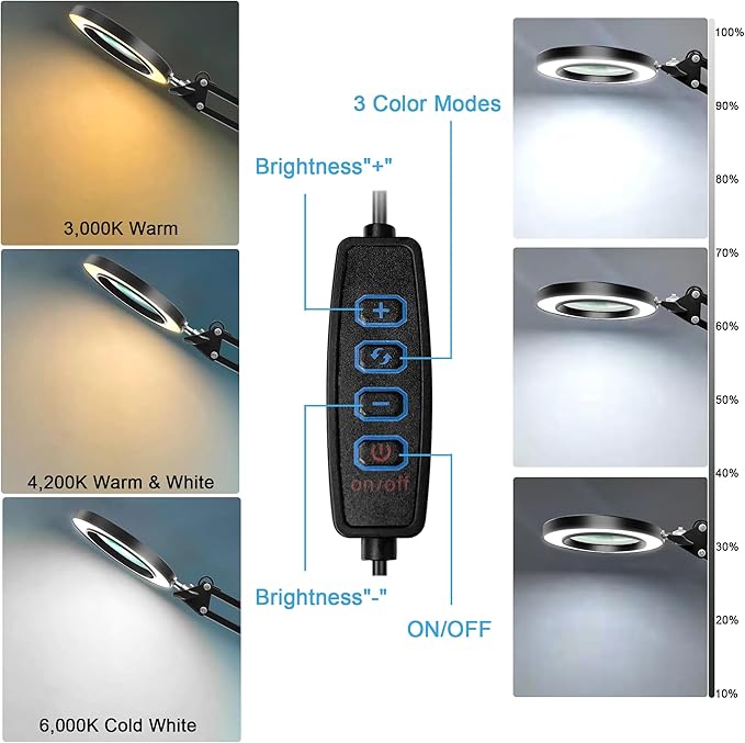 10X Magnifying Glass with Light and Clamp, Real Glass LED Lighted Magnifier, 3 Color Modes 10 Level Dimmable, Magnifying Lamp with Clamp for Reading Craft Hobby Close Work, Black