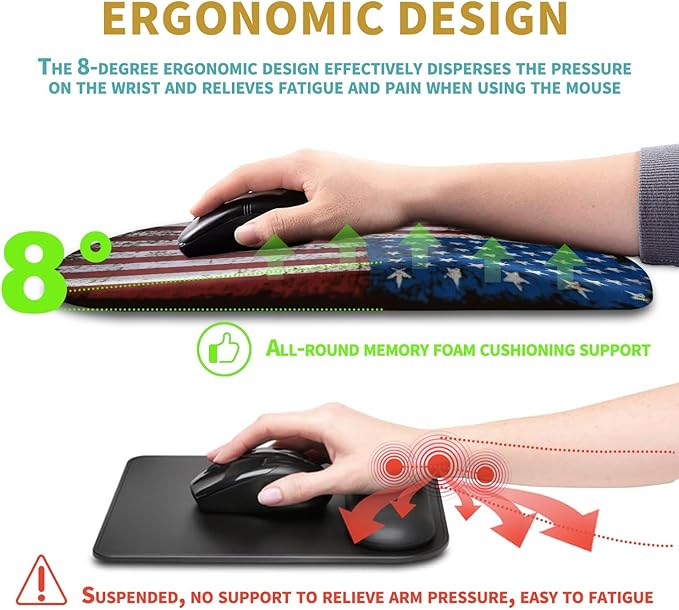 Hokafenle Ergonomic Mouse Pad Wrist Support with Massage Design, Wrist Rest Mousepad with Memory Foam&Non-Slip PU Base, Mouse Pads for Wireless Mouse & Desk (12x8 inch,USA Flag)