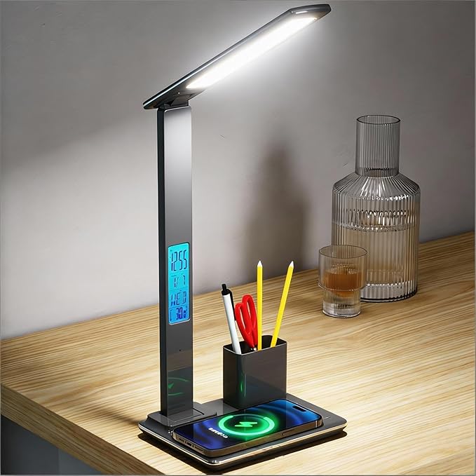 Multi-Function Desk Lamp with Display&15W Wireless Charger,3 Color Temperatures,Touch Control,Foldable Design,Built-in Clock,Calendar,Thermometer,Alarm,HYT1771 Black.