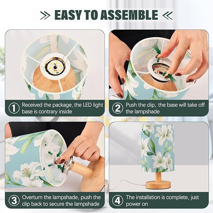 White Lily LED Table Lamp, Bedside Lamp with Linen Lampshade, Flicker-Free Eye Care USB Plug in Nightstand Lamp, for Bedroom and Office