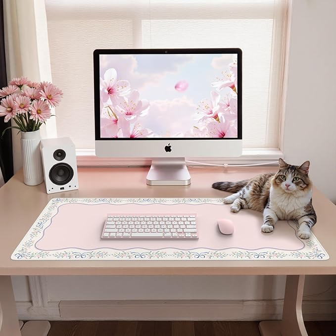 iCasso Pink Desk Mat,Cute Desk Pad for Keyboard and Mouse,Anti-Slip Large Gaming Mousepad XXL,Soft Lycra Surface Computer Mat Women,Girly Keyboard Pad for Home Office