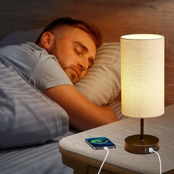 Touch Control Bedside Lamp with 2 USB Ports, 3-Way Dimmable Table lamp for Bedroom, Nightstand Lamp with Round Linen Fabric Shade for Living Room Home Office (E26 LED Bulb Included)
