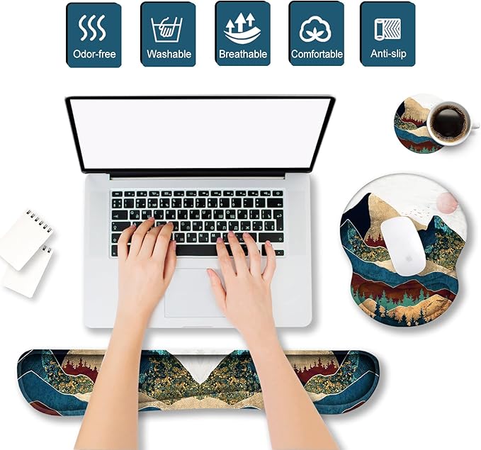 ArtSo Mouse Pad Keyboard Wrist Rest Support Ergonomic, Upgraded Cushion Mousepad Gel Memory Foam Non-Slip Rubber Base Wrist Support & Easy Typing for Home, Office, Colorful Mountain