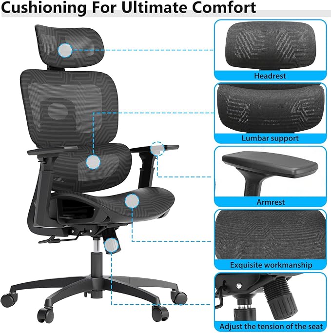 Ergonomic Mesh Office Chair, Adjustable Headrest, 3D Armrests, Lumbar Support, Tilt Lock Function, Breathable High-Back Desk Chair Computer Chair for Home Office Work, Study, Gaming, Black