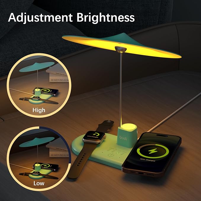 BUDI Multifunctional Table Lamp with Wireless Charger, 3 in 1 Charging Station Desk Lamp Touchable for Nightstand for Bedroom, Living Room, Home (Blue)