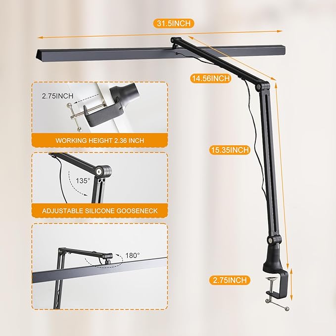 Led Desk Lamp with Clamp, Architect Desk Lamp for Home Office with Atmosphere Lighting, 15W Ultra Bright Dimming Computer Light Stepless Dimming and Tempering LED Table Light with Timing