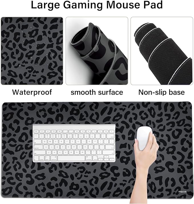 MOSISO Wrist Rest Support for Mouse Pad&Keyboard Set, Ergonomic Large Leopard Grain Desk Mat&Coaster Set, Non-Slip Mousepad&Easy Typing Cushion with Memory Foam for Home Office, Black