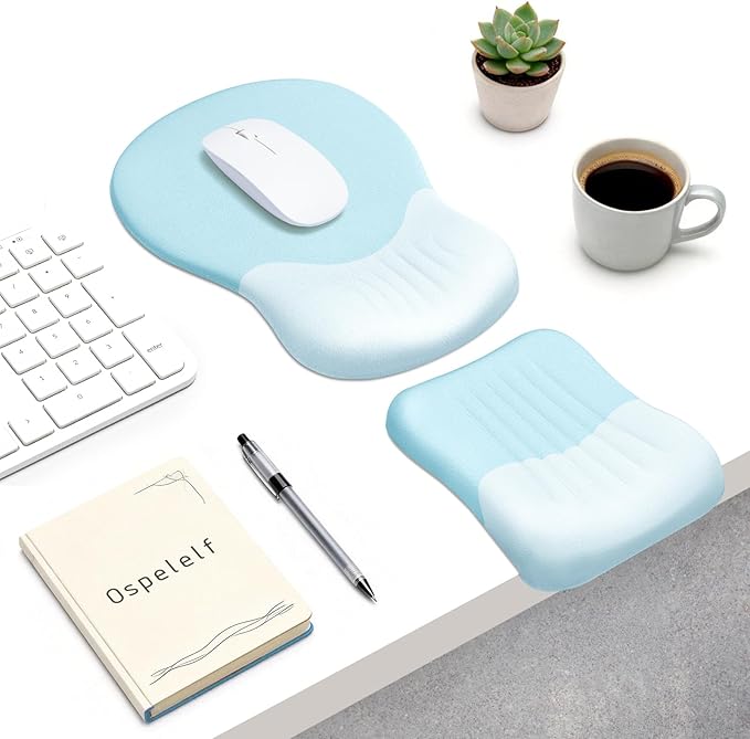Ospelelf Mouse Pad with Wrist Rest Set Foam L-Shaped Desk Elbow Pad Ergonomic Desk Edge Cushion Anti-Slip Rubber Bottom Office Women Desk Accessories for Computer, Laptop and Gaming, Blue