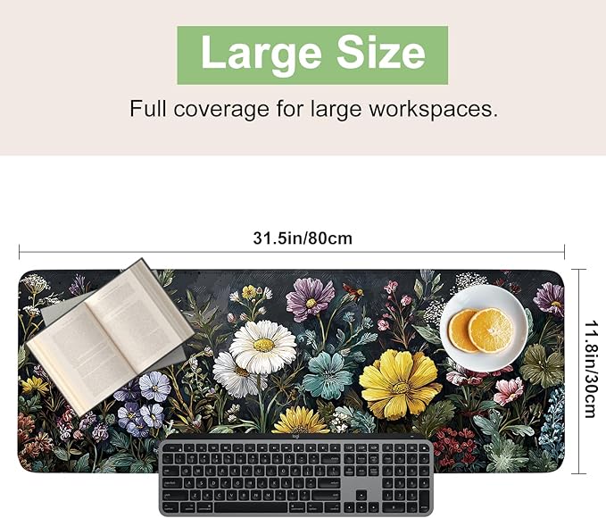 Desk Mat, XXL Extended Gaming Pad for Desktop, 31x12 Inches Vibrant Floral Bouquet, Large Non-Slip Vegan Leather Keyboard Mouse Mat for Home Office