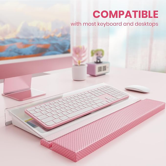 3 in 1 Keyboard Stand w/Wrist Rest and Storage Tray - Klearlook [Ultra Comfortable] PU Leather Wrist Pad & Acrylic Keyboard Riser, 16.9x7.3 inch Tilt Adjustable Computer Keyboard Stand Holder-Pink