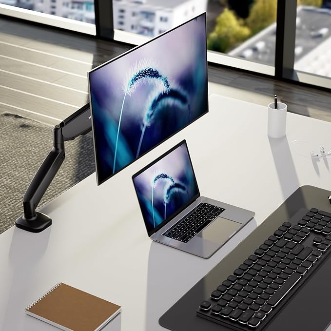 Mount-It! Single Monitor Arm Desk Mount, Gas Spring Monitor Mount, Fits 13–32" Screens up to 17.6 lbs, VESA 75x75 & 100x100, Full Motion Tilt Swivel Rotate, C-Clamp & Grommet Base