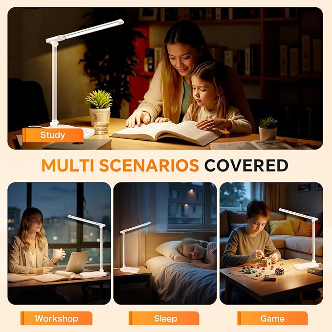Desk Lamps for Home Office, Dimmable LED Desk Lamp, 5 Color Modes, 10 Brightness, Touch Desk Light with USB Charging Port for Nail Craft Puzzle Sewing Study - White
