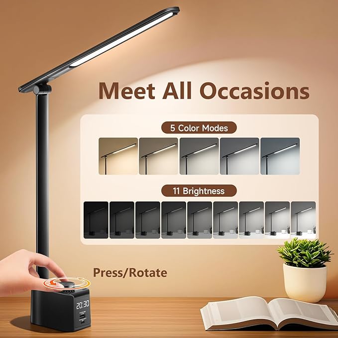 COOLNIGHT LED Desk Lamp,5 Colors+11 Brightness LED Desk Lamp with USB Charging Port+Clock+Pen Holder,700 Lumen Desk Light Classroom Desk Lamps for Home Office, Bed,Reading,Nail,Craft
