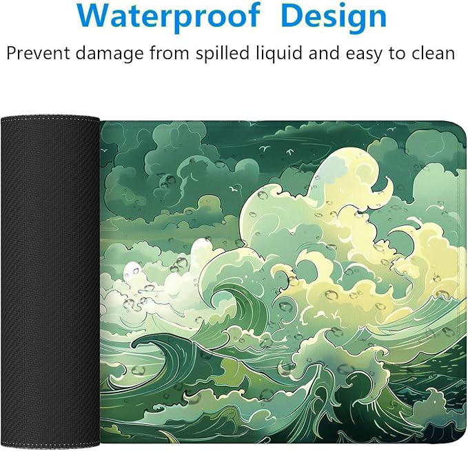 Sea Wave Desk Mat Green Japanese Anime Aesthetics Extended Gaming Mouse Pad Mat with Stitched Edge Non-Slip Base Big Mouse Pad 31.5"x11.8" Office Computer Keyboard Laptop Home