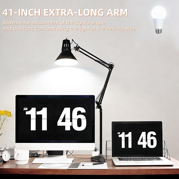 2 Pack LED Desk Lamp With Clamp for Office Home, Eye-Caring Desk Light with 360°Adjustable Extra Tall Metal Swing Arm, High Intensity Clamp w/A19 E26 Bulb for Working Reading, Table Lamps White Light
