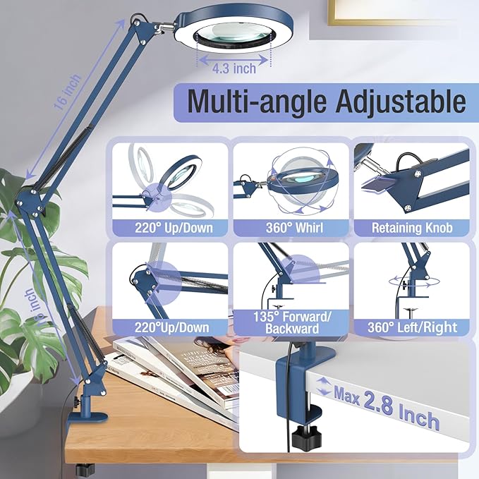 10X Magnifying Glass with Light and Clamp, Real Glass Stand Lighted Magnifier, 5 Color Modes Stepless Dimmable LED Desk Lamp Hands Free for Crafts Hobby Reading Painting Sewing Close Work Large Blue