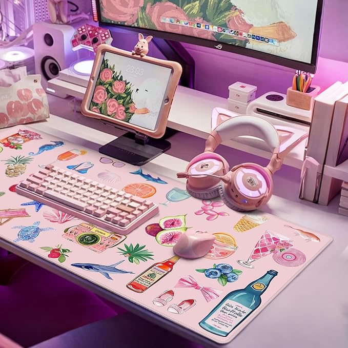 Baziabbo Pink Desk Mat,XXL Extended Large Mouse Pad,Gaming Mousepad with Stitched Edge,Non-Slip Rubber Base Keyboard Desk Pad for Home Office Study Game (Pink Stickers)