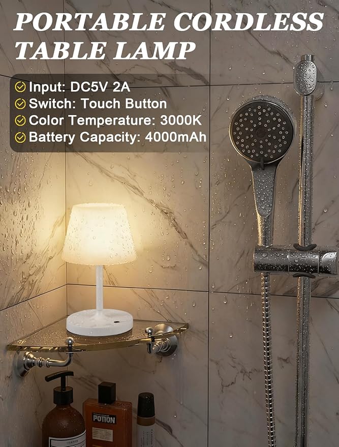 Kakanuo White Cordless Shower Lamp Waterproof, Rechargeable Table Lamp with 4000mAh Battery, Touch Dimmable Desk Light for Outdoor, Kitchen, Bathroom, Camping, Patio, IP54