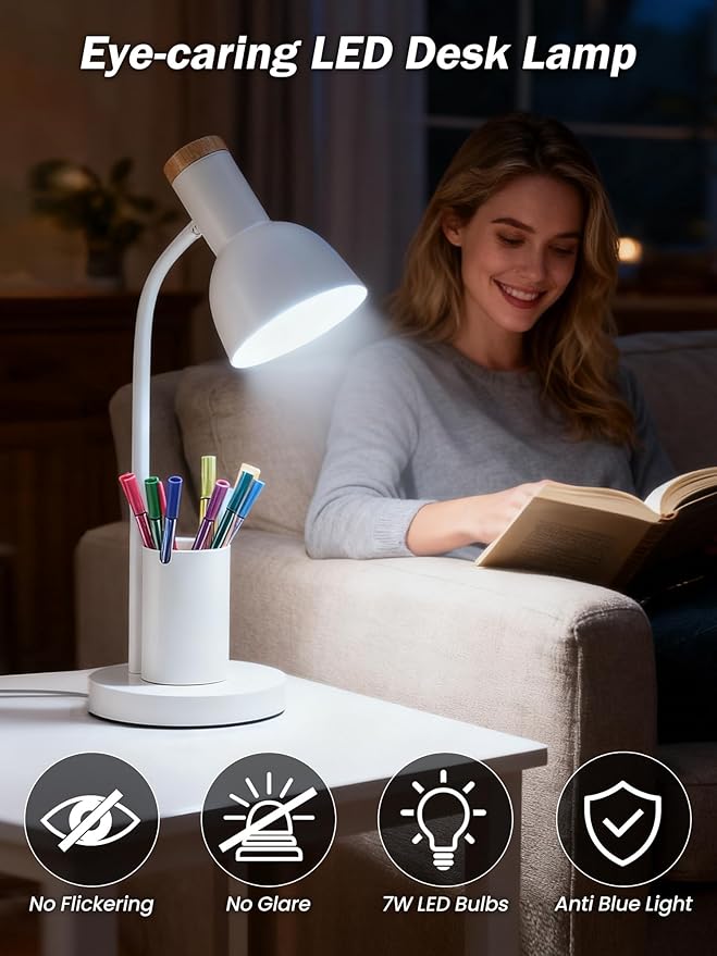 LED Desk Lamp for Home Office, Table Lamp with Pen Holder, 3 Color Modes Reading Light, Eye-Caring Desk Light with Gooseneck, Study Lamp for Kids Bedside Room College Dorm Essentials(White lamp)