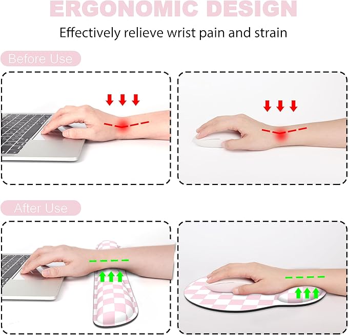 Ergonomic Mouse Pad with Wrist Rest and Keyboard Wrist Rest, Mousepad and Wrist Rest for Computer Keyboard, Non-Slip Base, Mouse Pad with Wrist Support for Gaming, Office, Pink Checkered