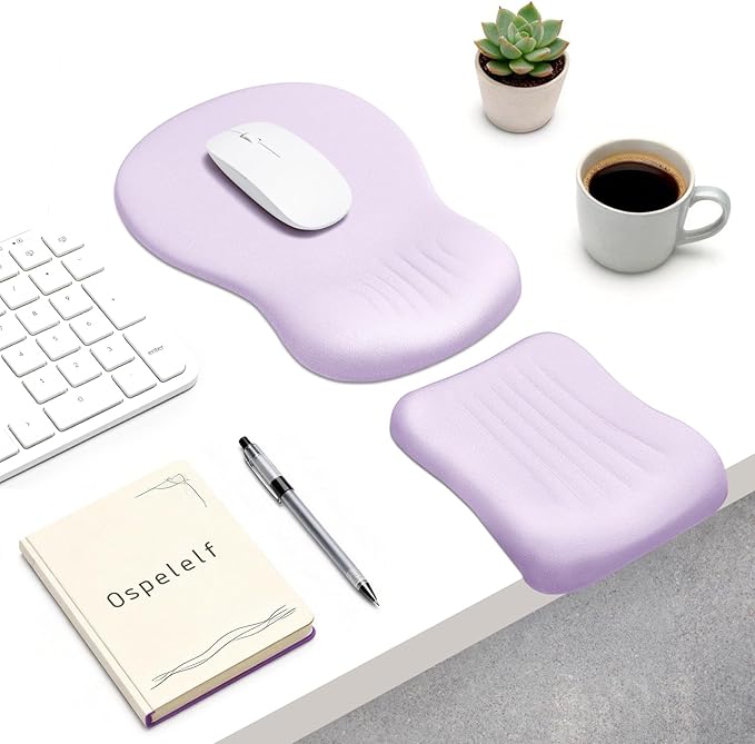 Ospelelf Mouse Pad with Wrist Rest Set Foam L-Shaped Desk Elbow Pad Ergonomic Desk Edge Cushion Anti-Slip Rubber Bottom Office Women Desk Accessories for Computer, Laptop and Gaming, Purple
