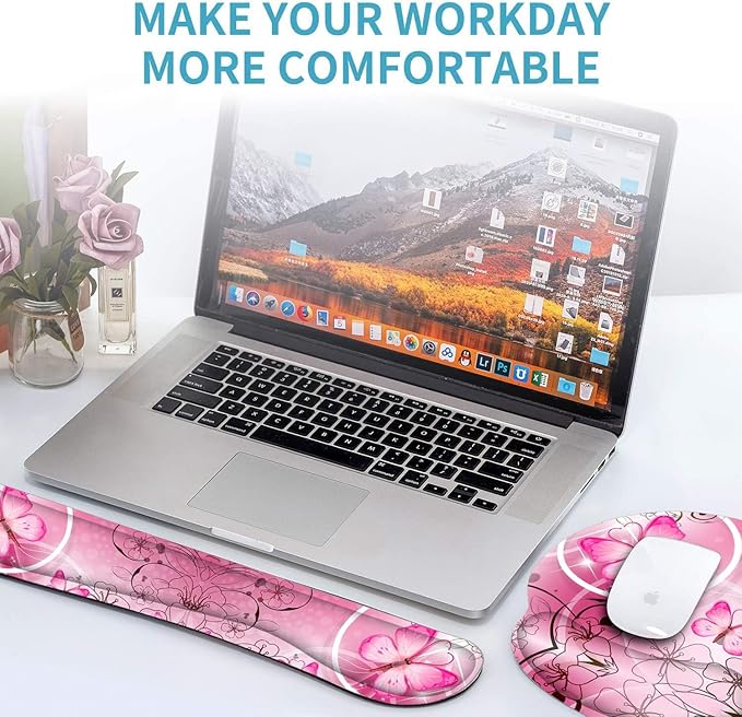 RICHEN Keyboard Wrist Rest and Mouse Pad with Wrist Support, Memory Foam Set for Gaming and Office, Comfortable & Lightweight for Easy Typing (Pink Butterfly)
