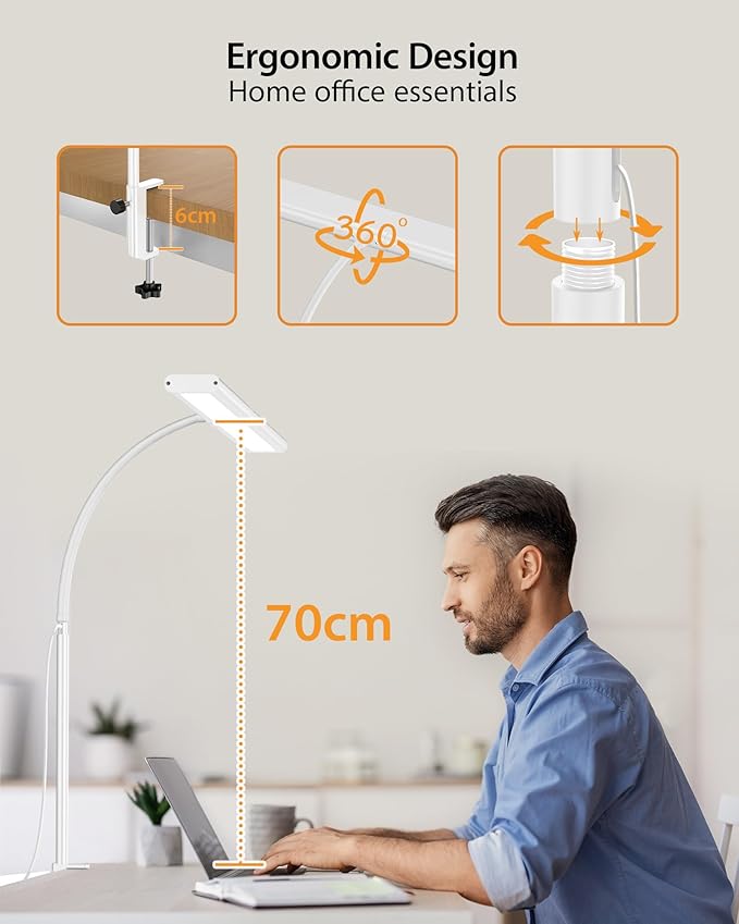 Clamp Desk Lamp with Adjustable Brightness, Eye-Caring LED, Rotatable Head, USB Powered, Space-Saving Design for Office, Reading, Work, and Home Desktop Lighting - White