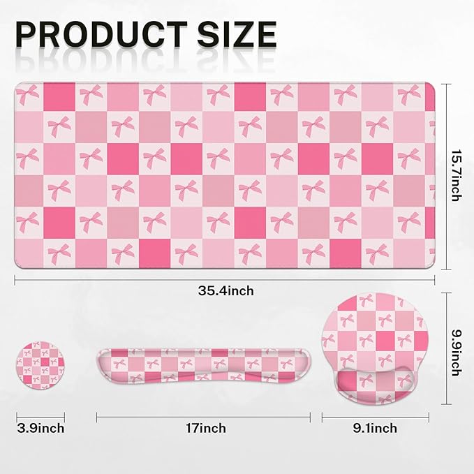 Arttown Pink Bow Checkered Desk Mat Cute Retro Kawaii Mouse Pad Set 4 in 1 Ergonomic Design Large Mouse Pad + Keyboard Wrist Rest + Mouse Wrist Rest + Coaster Suitable for Home Office Study Game