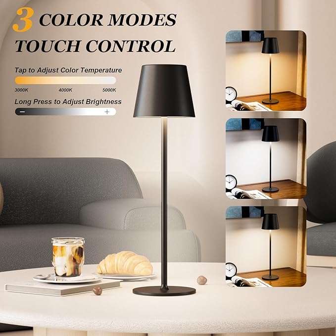Kakanuo Cordless Table Lamp Rechargeable Black - KK 4 Pack Battery Operated Lamp for Dining Table, 3 Color Stepless Dimming Waterproof LED Wireless Lamp for Counter, Outdoor Patio, Touch Control