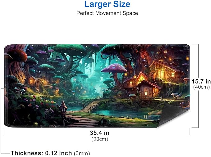 IMAYONDIA Mushroom Anime Desk Mat (35.4x15.7 in), Fairy Forest Large Gaming Mouse Pad for Laptop Computer, Tabletop Magic Desktop Mat, Fantasy Art Play Mats, Mousepad Extra Large