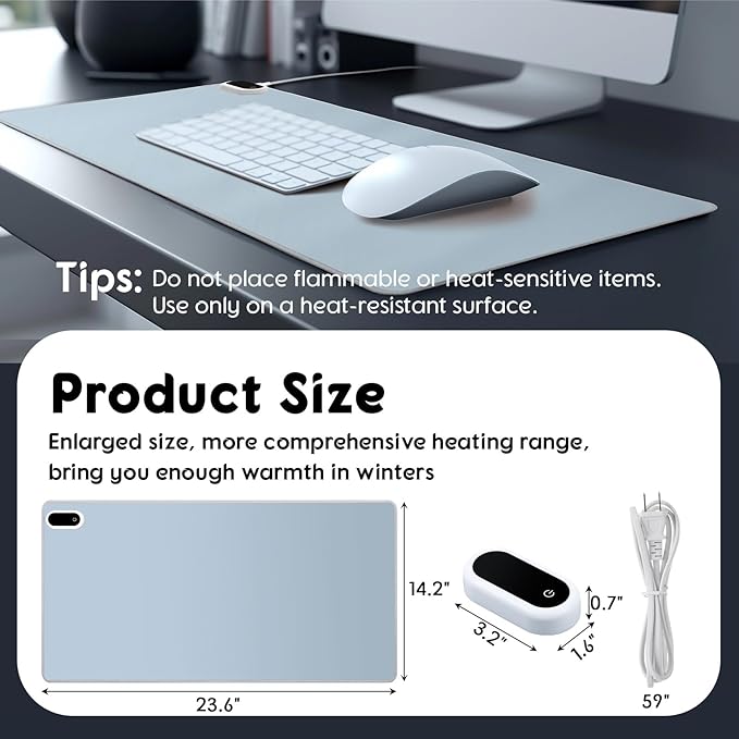 Konohan Heated Desk Pad Warm Mouse Pad, 5 Heating Level & 4 Hour Auto Shut-Off, PU Leather Warm Mouse Mat Heating Keyboard Gaming Mice Warmer Mat Only Supports 110v(Gray-Blue Color,23.6"x 14.2")