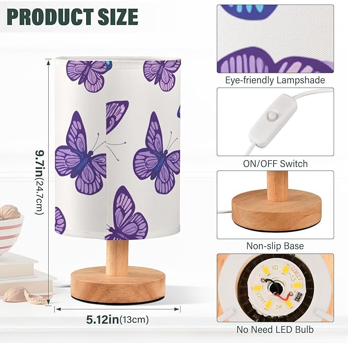 Purple Butterfly LED Table Lamp, Bedside Lamp with Linen Lampshade, Flicker-Free Eye Care USB Plug in Nightstand Lamp, for Bedroom and Office