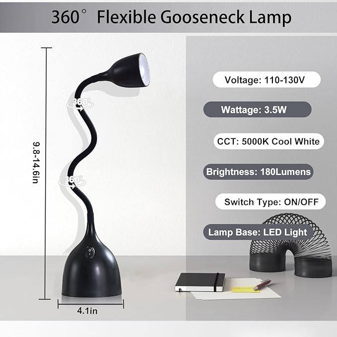 Desk Lamp for Home Office, LED Reading Light, Small Adjustable Flexible Gooseneck Table Lamp, Eye-Caring Desk Lamp for College Dorm Room Study Lamp, Black